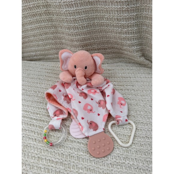 Modern Baby Pink Elephant Lovey Security Blanket Teether Rattle Plush Toy - Picture 10 of 12